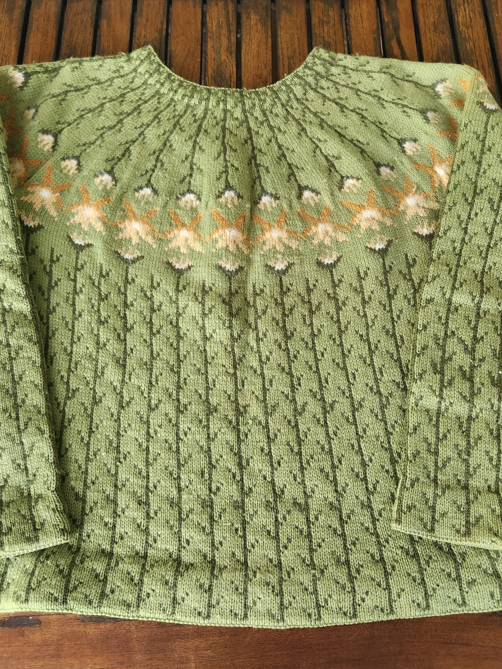 Vintage Handmade in Denmark 100% Pure Wool Green Floral Fair Isle Yoke Sweater